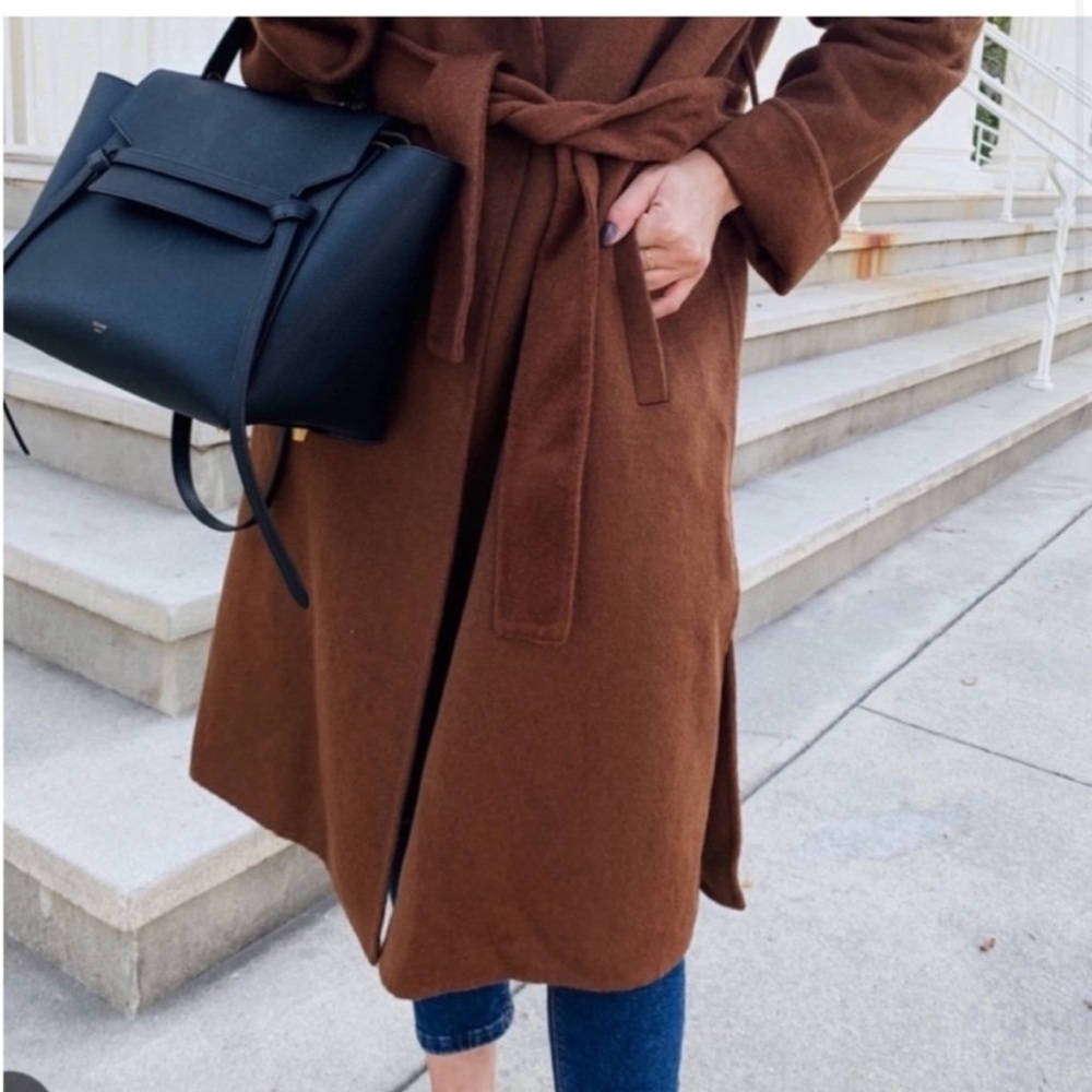 Zara Wool Blend Belted Wrap Coat Blogger Favorite Brown Toffee Medium - Picture 3 of 9